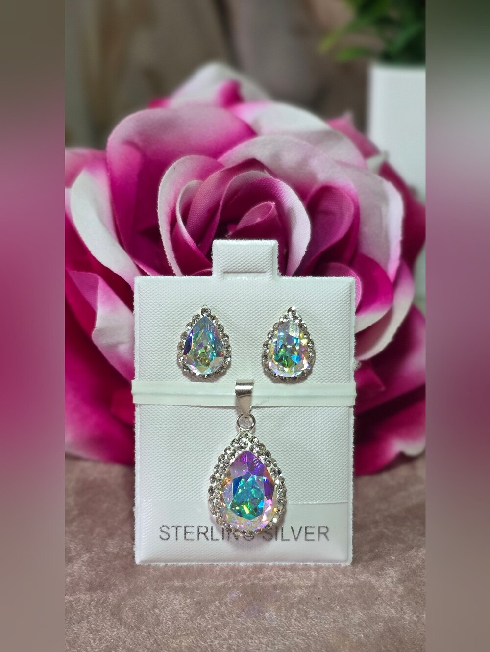 Sterling Silver Iridescent Teardrop Pendant & Earrings Set